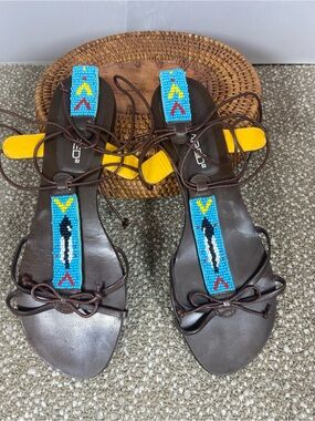 Dsquared 2 Beaded T-Strap Brown Leather Sandals with Turquoise Accents Size 6.